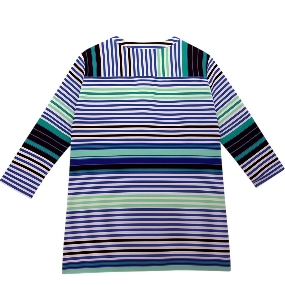 Talbots Womens Blue Green Striped Split Neck 3/4 Sleeve Button Tab Top Large - Picture 3 of 9